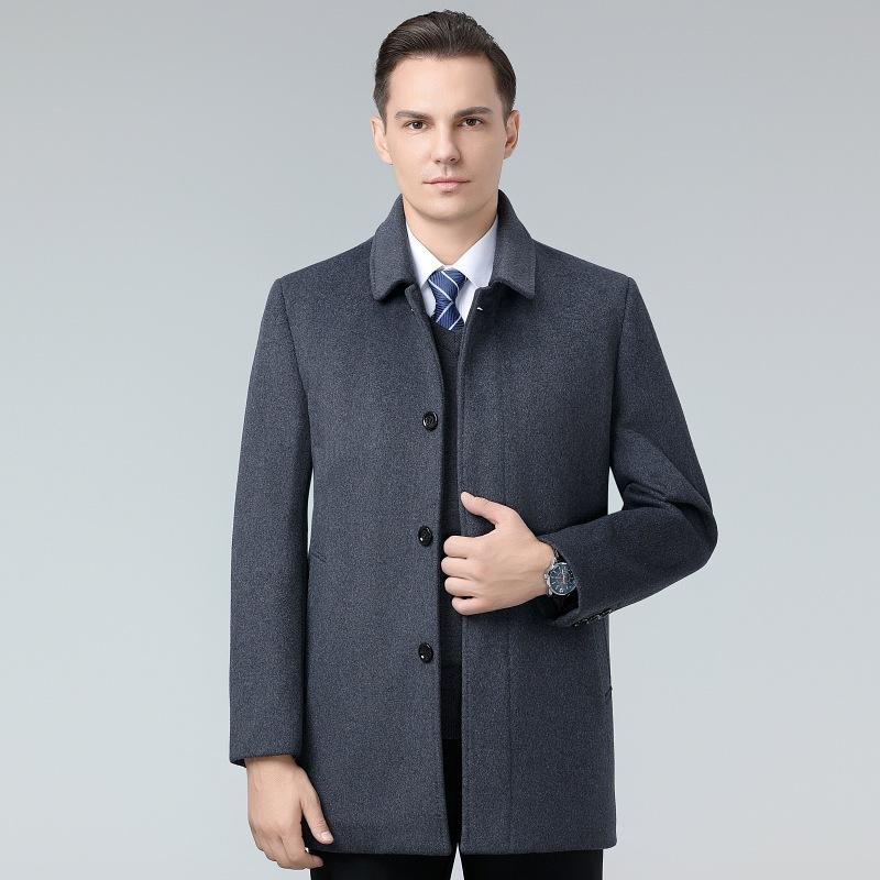 New Autumn and Winter Style Plus Velvet Warm Mid-length Middle-aged Men's Wool Wool Coat Simple Lapel Jacket