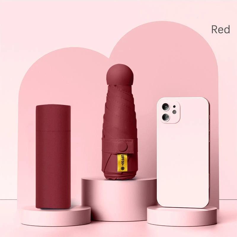 

UPF50+ Мини-капсульный складной зонт из винила, портативный зонт от солнца и дождя, УФ-защитный козырек, небольшой карманный зонтик для двойного использования красный