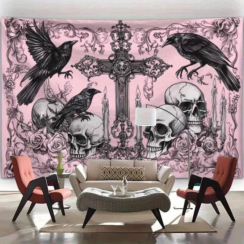 VIKAMA 2026 New Gothic Dark Tapestry  Pink and Black Contrasting Raven and Skull Wall Art  Bedroom Headboard Home Decor Art