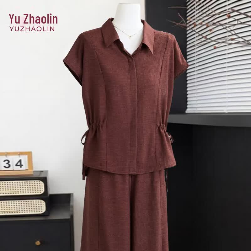 YUZHAOLIN Women s Summer Lapel Short-Sleeve Two-piece Set 5XL