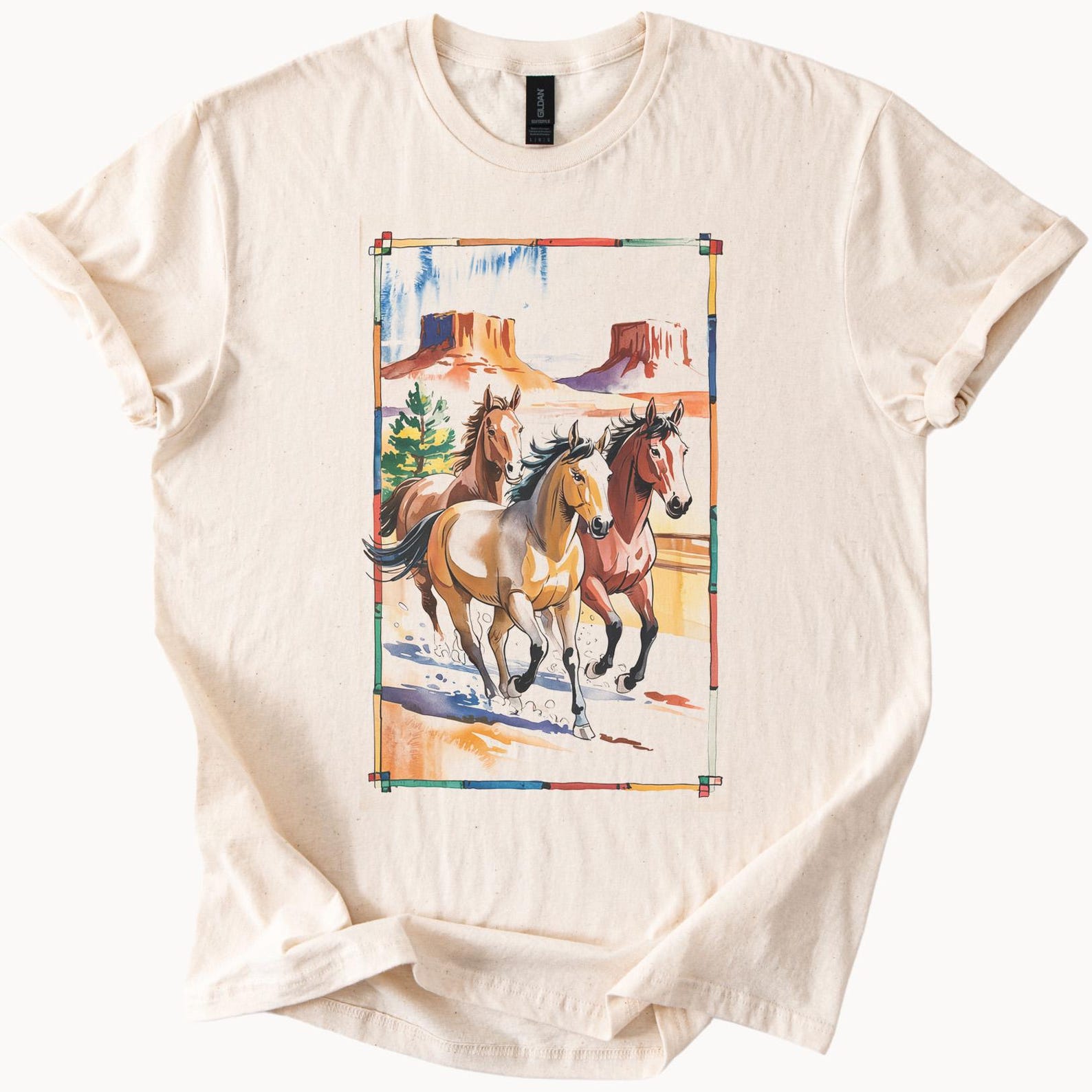 Wild Horses Graphic Tee Western Style Running Mustangs TShirt 100