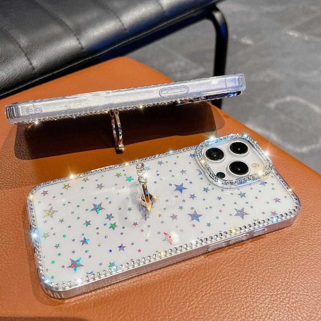 For iPhone 15 Pro Case with Ring Kickstand Rhinestone Edge TPU+PC IMD Phone Cover