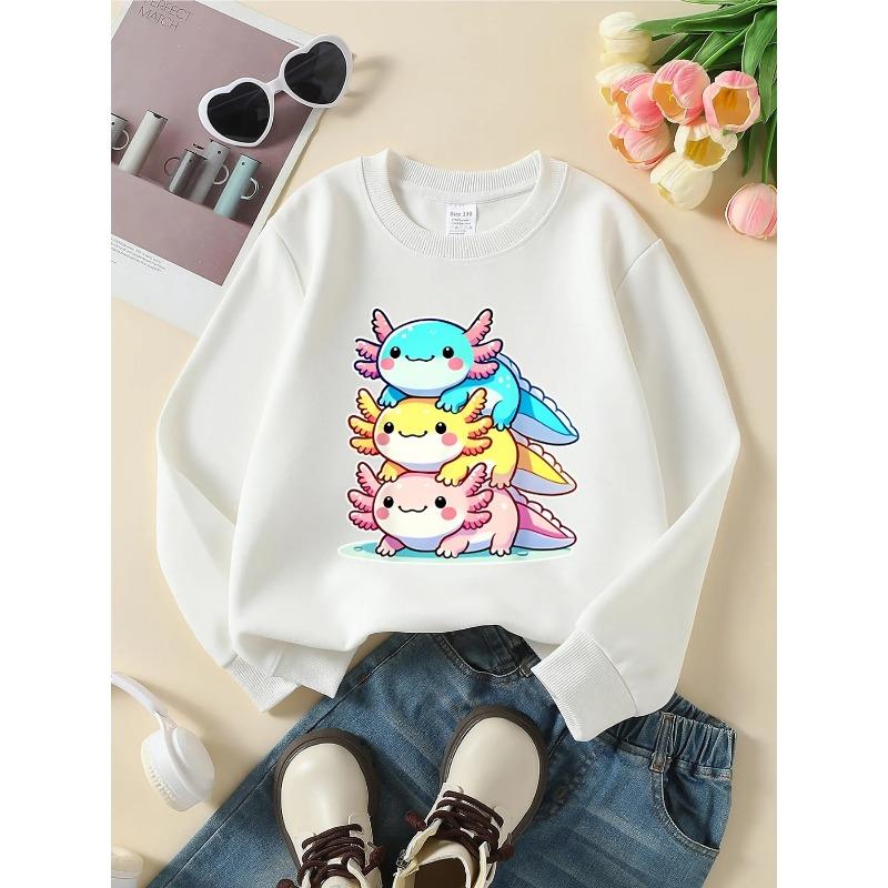 European sizes Kids' Crewneck Sweatshirt - Cute Axolotl Stack Pattern Print  , Sportswear And Casual Wear, Soft And Comfortable