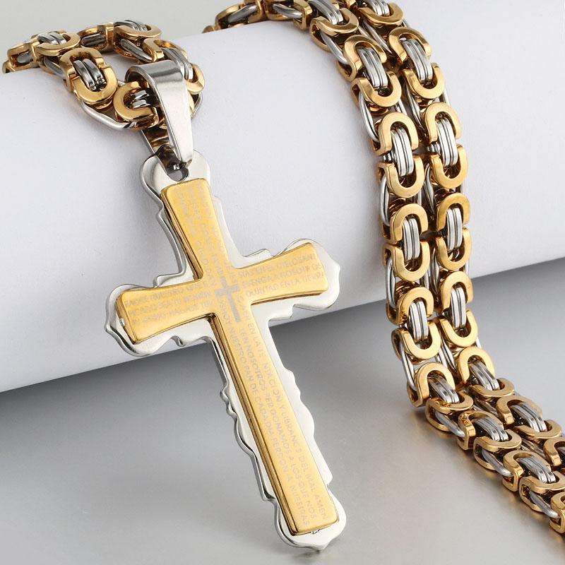 Catholic Spanish Bible Cross Pendants Necklace Stainless Steel Byzantine Link Chain Necklaces Bible Prayer Male Jewelry Gift