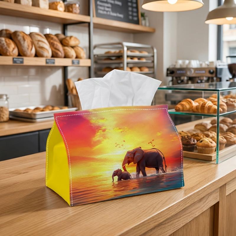 1pc Tissue Box Holder Featuring a Striking Sunset Landscape Design with an Elephant And Its, Made from Durable Polyester. Perfect for Use in The Kitch