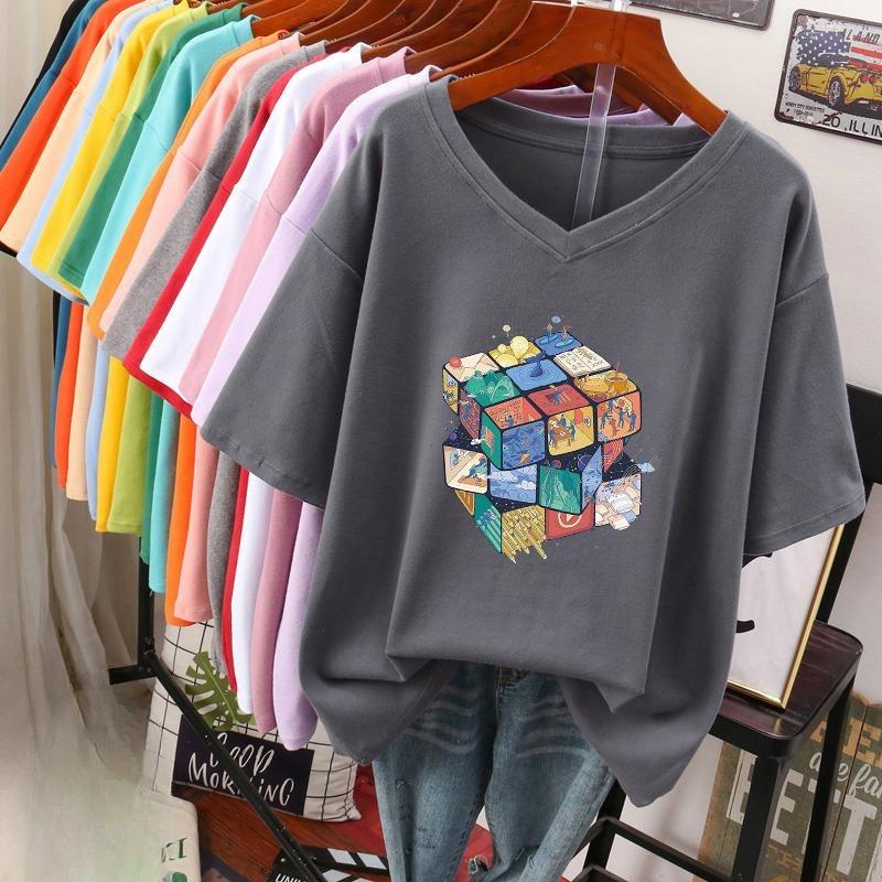Short-sleeved T-shirt for Women, Large Size, Loose and Slimming, Printed V-neck Top
