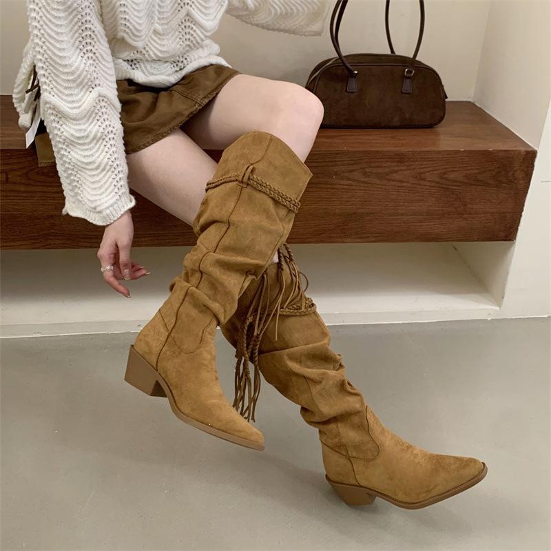 Mi Ting Retro Woven Fringed Thick Heel Tall Boots Autumn and Winter Thin Pointed Western Cowboy Boots Stacking Boots