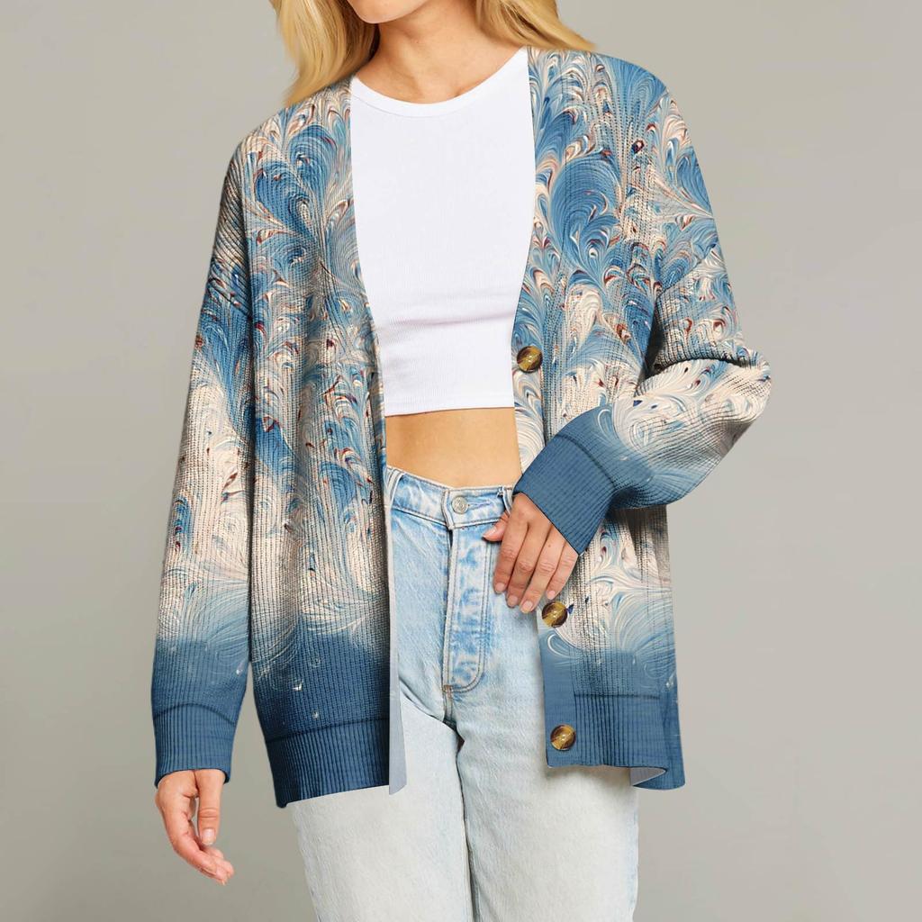 Women's Fashion Long Sleeve Christmas Print V-Neck Button Loose Cardigan Top