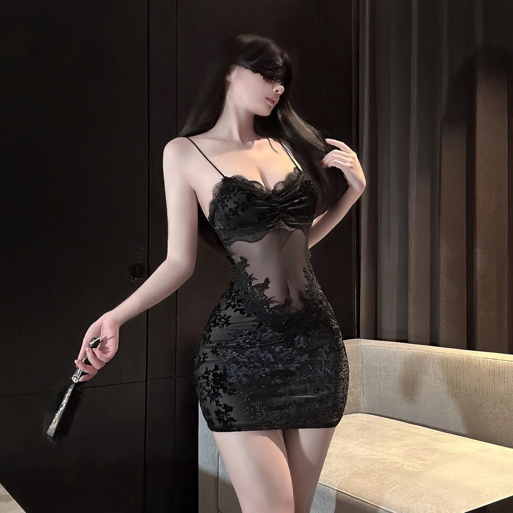Sexy light and thin perspective splicing lace suspender skirt women's pure desire erotic underwear flocking suspender nightdress qq