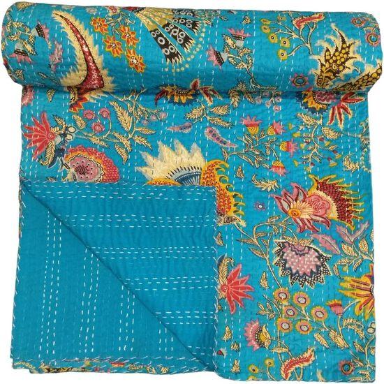 Aizza Trends Handmade Pure Cotton Printed Kantha Quilt  - Traditional Look Bed Spread Kantha Gudri - Vintage Hand Stitch Gudri