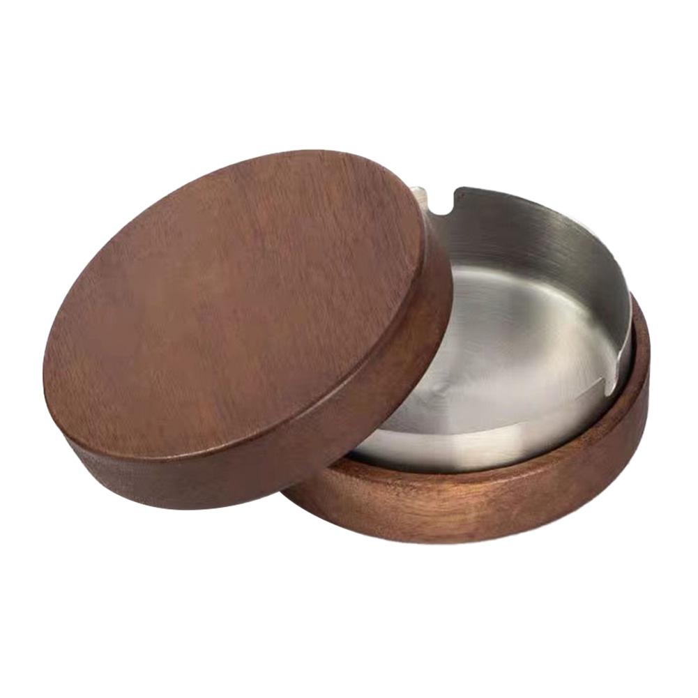 Wooden Ashtray with Lid Stainless Steel Liner Ash Tray Windproof Ashtray for Indoor Or Outdoor Use Patio Office & Home