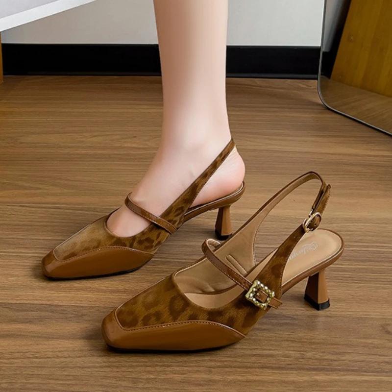 Fashion High Quality Leopard Patent Leather Design Heeled Sandal Women Luxury Square Toe Buckle Back Strap Pumps Elegant Zapato De Mujer