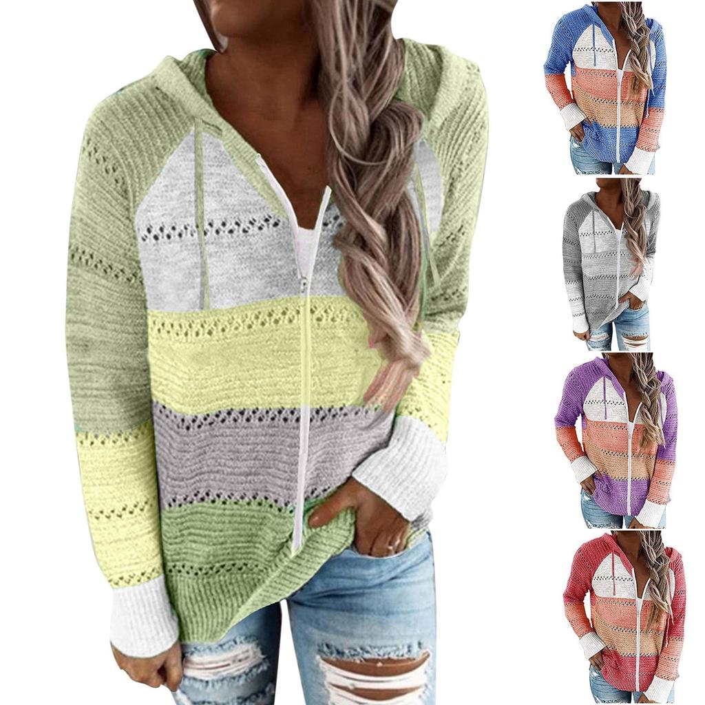Womens Zip Up Color Block Hoodie Sweaters Long Sleeve Cardigan Sweatshirts