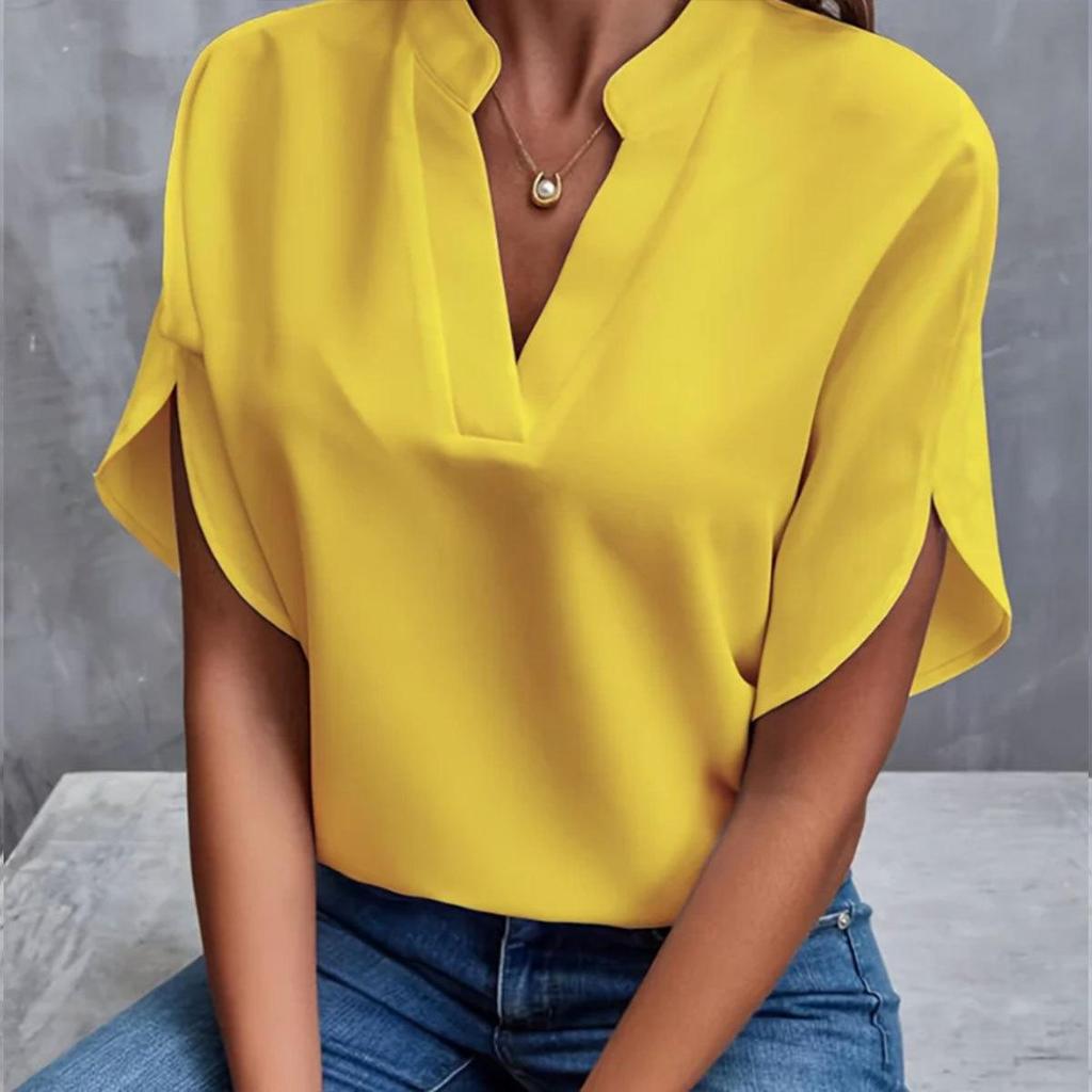 2026 Summer V-Neck Women's Solid Color Casual Short-Sleeved Pullover Shirt - European and American Style