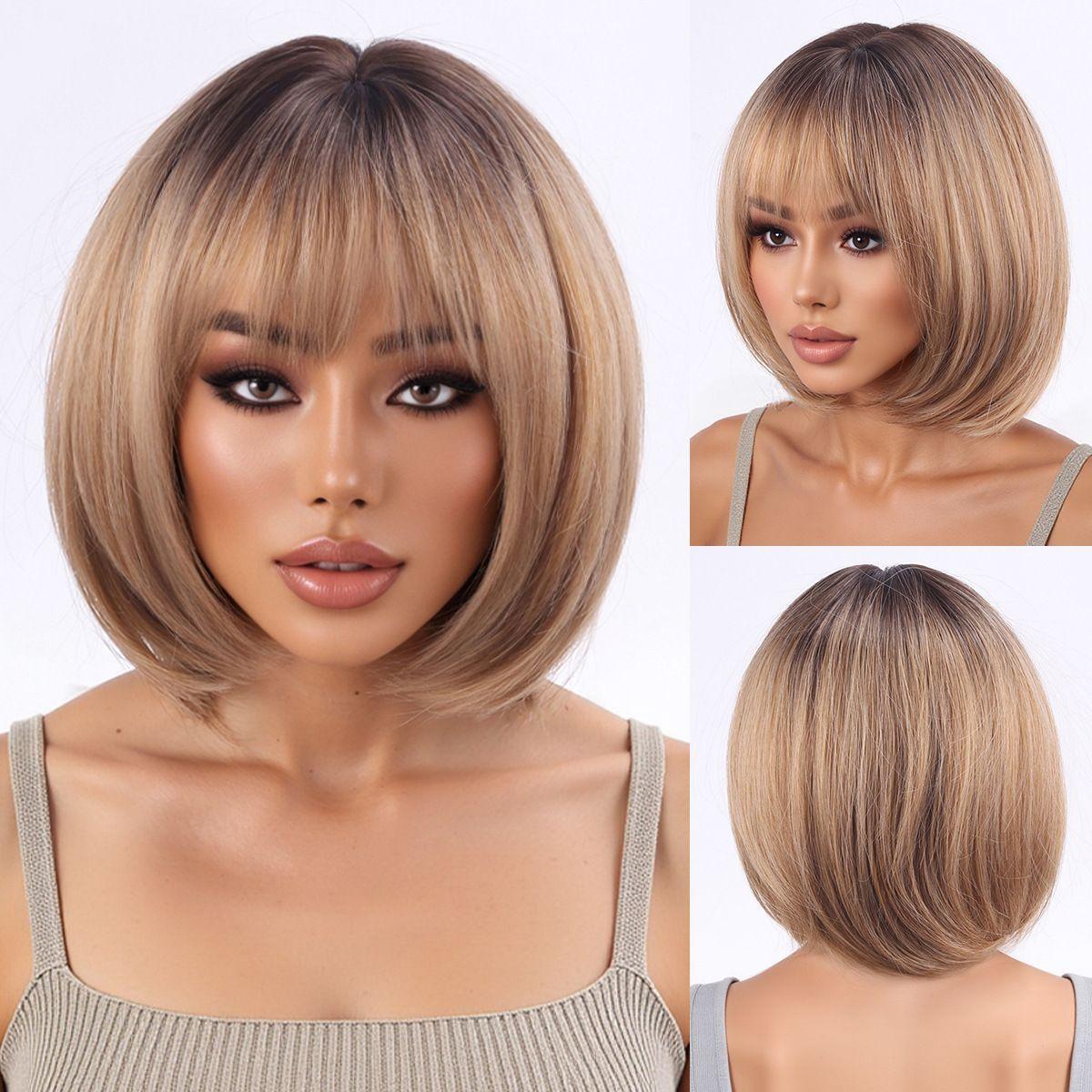 Light Brown Short Bob Wig: Stylish Full-Head Wig for Women YN784