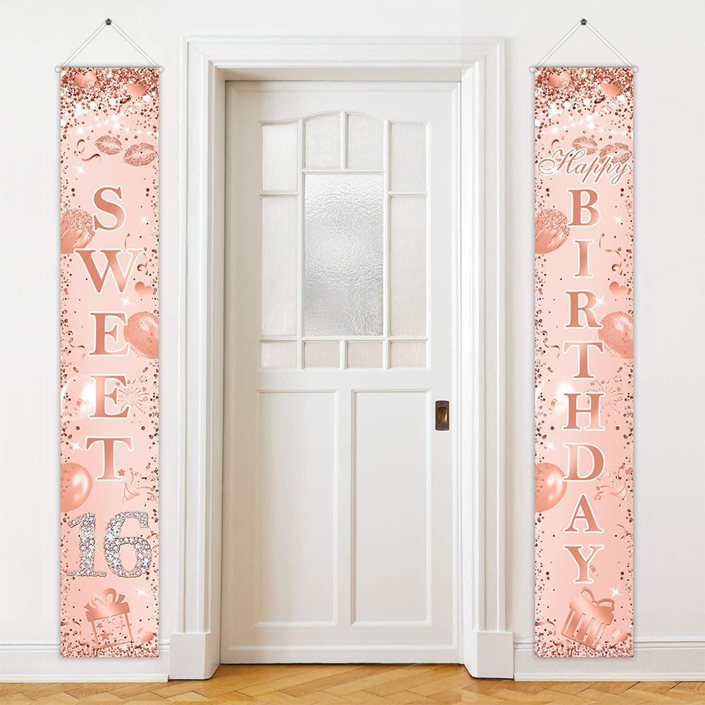 Avezano Sweet 16 Banner Rose Gold Sweet 16 Happy Birthday Porch Signs 16th Birthday Decorations for Girls Sweet Sixteen Year Old Birthday Banner