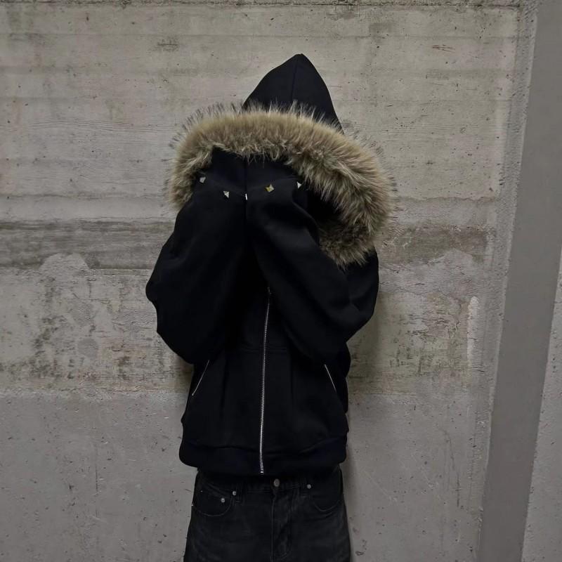 Stilvolles Kapuzensweatshirt Mit Strassverzierungen Kunstpelzbesatz Lockere Passform Langarm-T-Shirt Herren Winter Streetwear