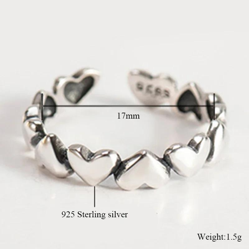 Genuine 925 Silver Stackable Open Ring Heart Finger Rings for Women Wedding Anniversary Jewelry Anel Size Adjustable