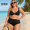Plus Size Women Swimwear 2Pcs/Set Bikini Set, Cross-Chest V-Neck Bra with Built-In Support, Hong Kong Style High-Waisted Twist Swim Bottoms, Retro Dot