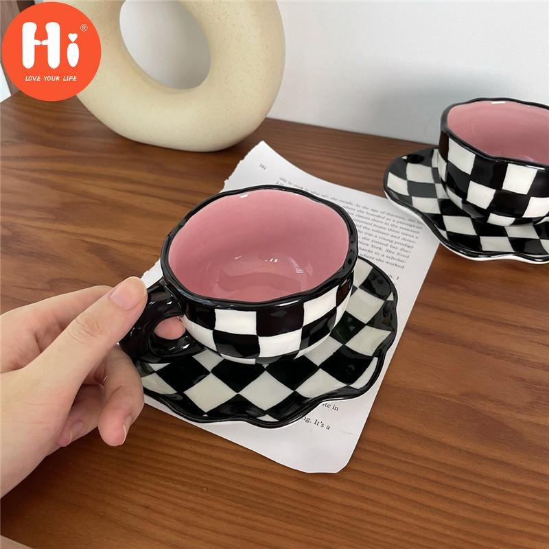 Hi Black and White Checkerboard Mug Ceramic Cup Coffee Cup Saucer Afternoon Tea Cup Creative Cup