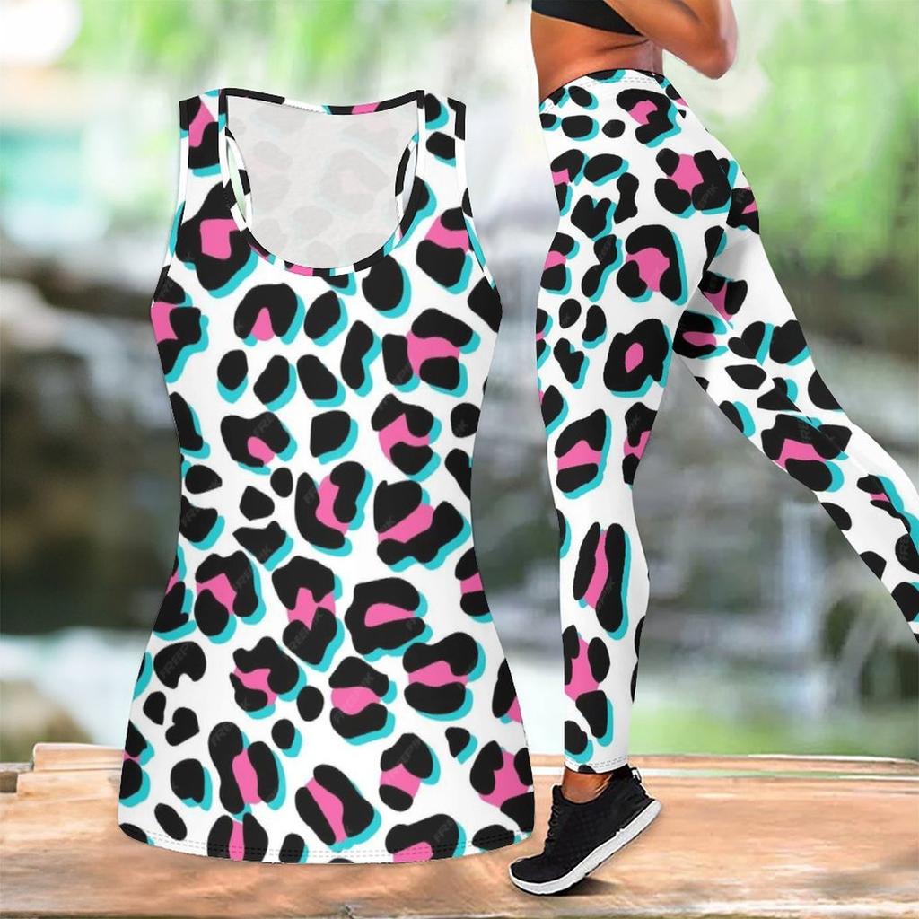 Leopard Print Yoga Outfit for Women Fashion Workout Leggings Fitness Sports Casual Yoga Set Sports Suit