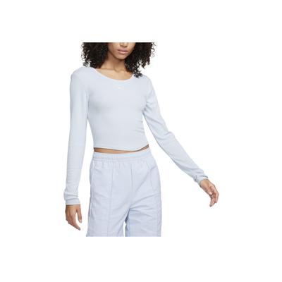 Camiseta Casual de Manga Longa Respirável Cor Sólida Gola Redonda Curta Feminina tops Azul Claro FN3662-440