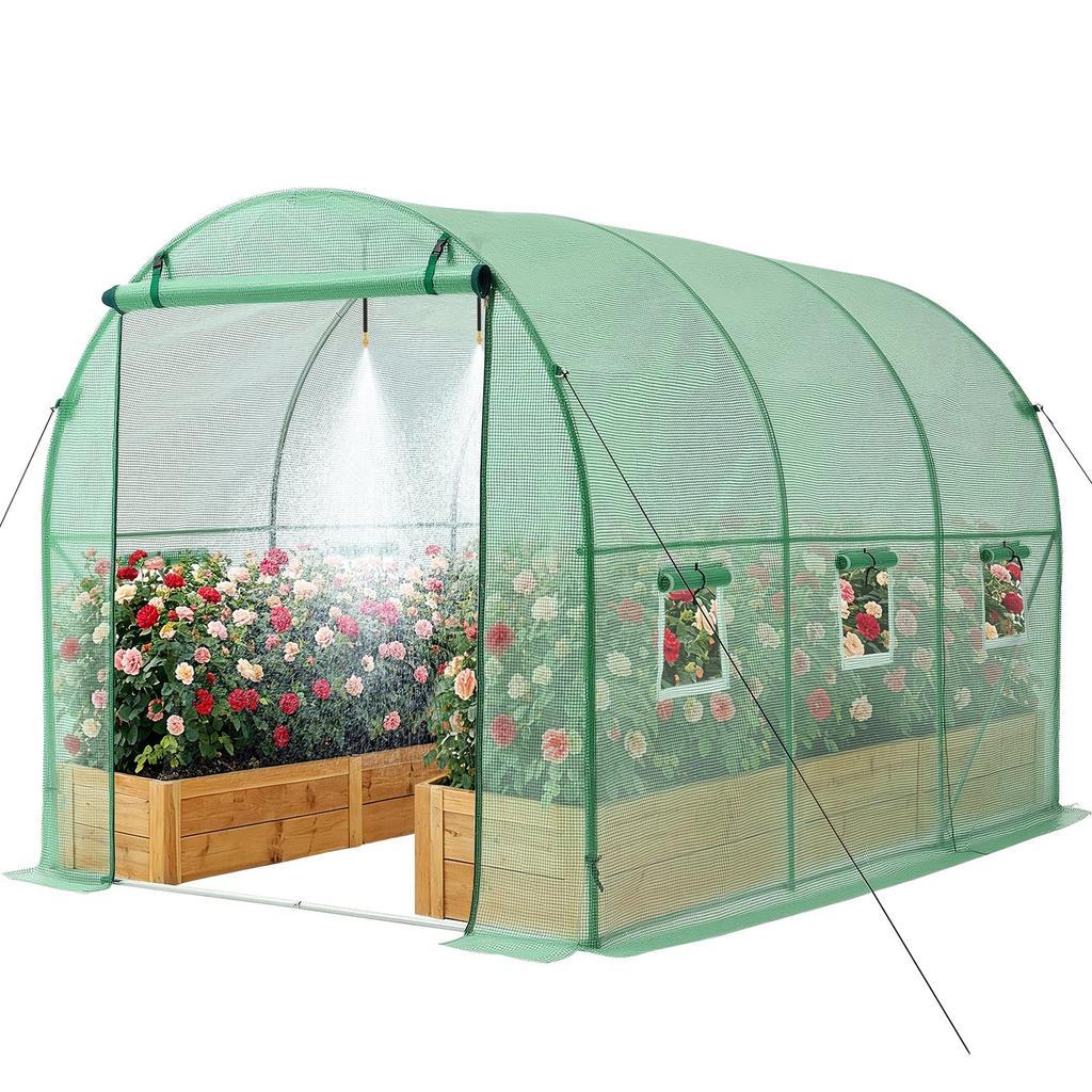 Walk-in Tunnel Greenhouse, 2.93x1.97x1.94 M Hoop House Greenhouse Tunnel with Watering System, Plant Hot House with Steel Frame, PE Cover, Roll-Up