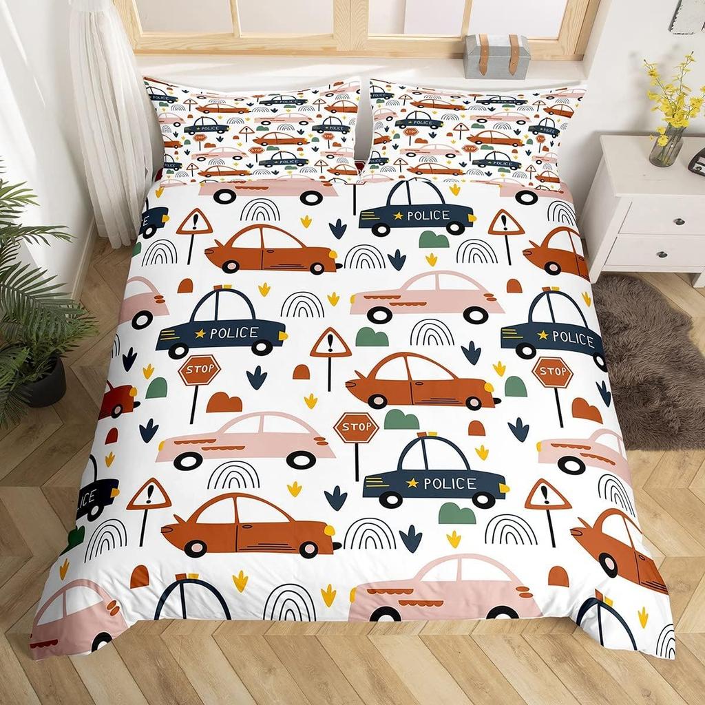 Colorful Cartoon Car Duvet Cover Set Twin King Train Truck Police Car Print Quilt Cover Cartoon Vehicle Bedding Set For Boy Teen