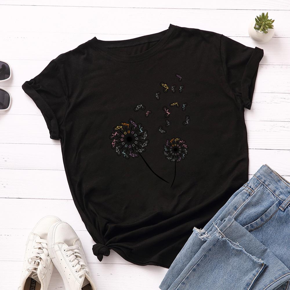 Summer Round Neck Dandelion Printed Top Fashionable Casual Pure Cotton Short Sleeved Women's T-shirts