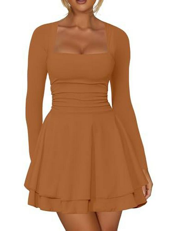 European & American Women's Square Neck Long Sleeve Slim Fit Short Dress - Beach Vacation Style