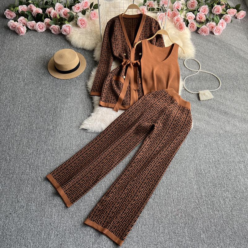Chic Women's V-neck Cardigan & High-waisted Wide-leg Pants Set