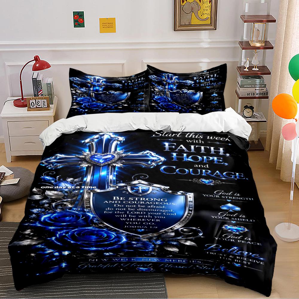 Christian Cross Bedding Set with Blue Roses Bedding set (1 duvet cover, 2 pillowcases, duvet not included) 135x200cm