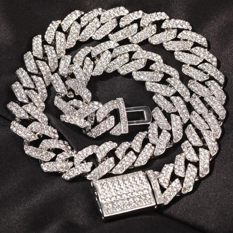Austrian Rhinestone Quality Fashion Moon Iced Out 18mm Hip Hop Link Necklace Prong Cuban Link Chain Jewelry for Men with Clasp