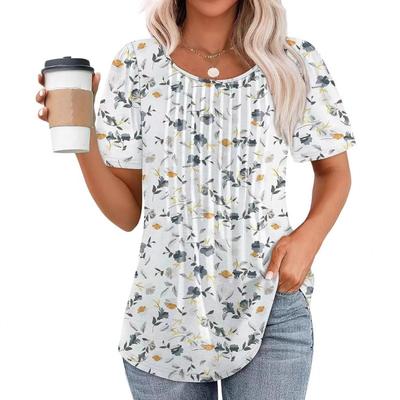 Letnia okrągła szyja plisowana krótki rękaw drukowany T-shirt Top