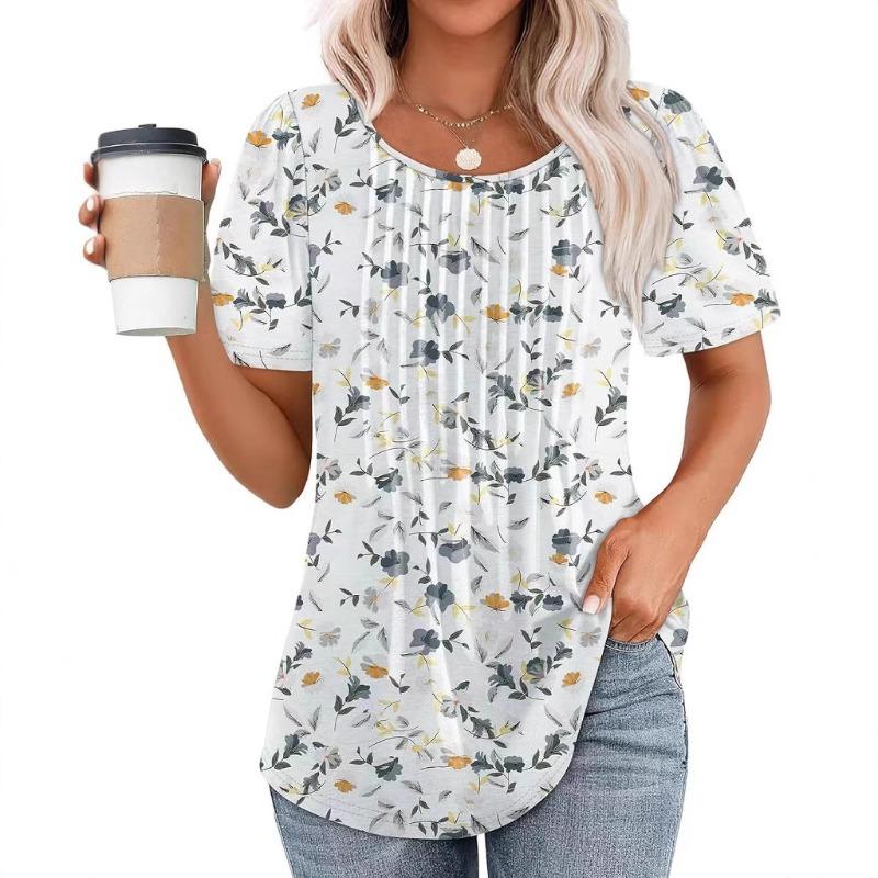 

Summer Round Neck Pleated Short Sleeved Printed T-shirt Top S