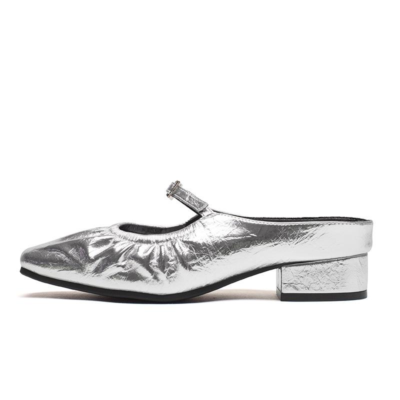Augustine thick heel half slippers women's outerwear summer 2025 new silver bag head Mary Jane Muller sandals