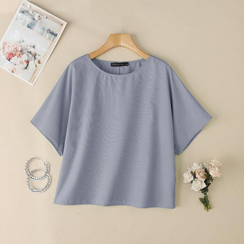 

ZANZEA Женская повседневная блузка с круглым вырезом, свободного кроя, с рукавом три четверти, в полоску 4XL тёмно-синий