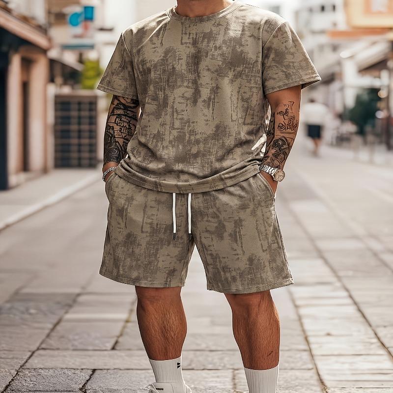 Completo da uomo 2 pezzi con stampa digitale, parte superiore a maniche corte con girocollo, T-shirt, parte inferiore con pantaloncini con coulisse, abbinamento comodo e casual