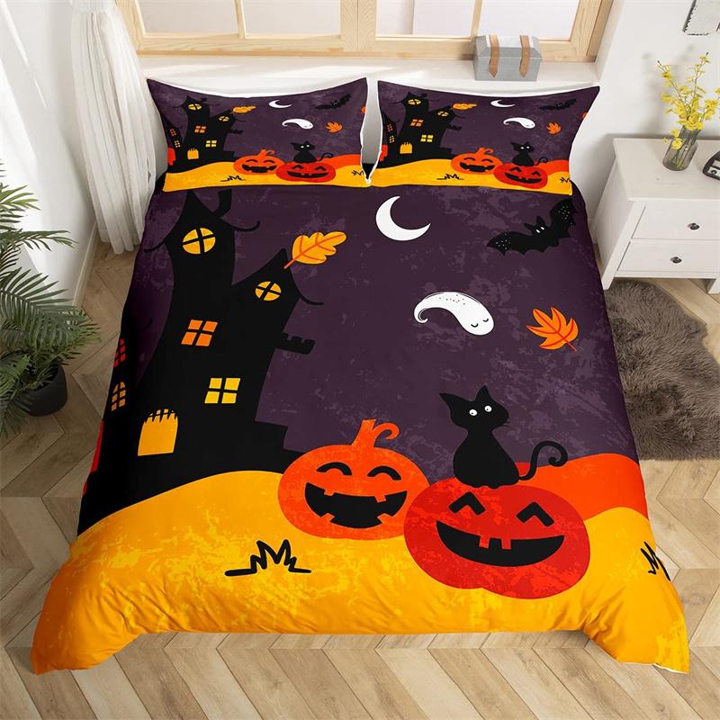Halloween Duvet Cover Horror Pumpkin Lantern Bedding Set Polyester Crazy Scary Horseman Comforter Cover King For Kids Boys Girls