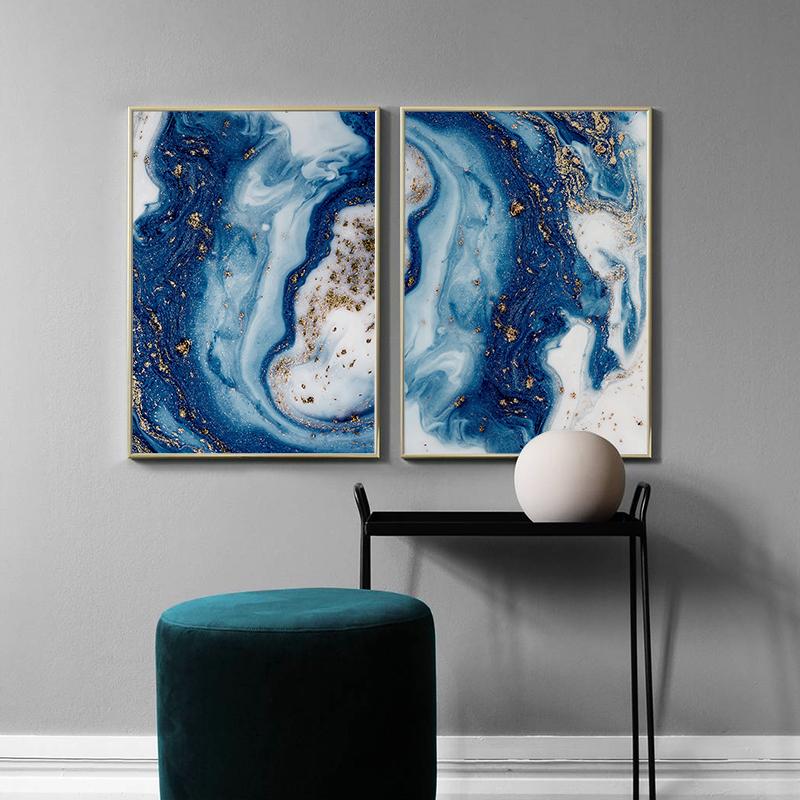 

Абстрактное золото Роскошная настенная живопись Современное украшение Картины для домашней комнаты Синий холст Картины для гостиной Без рамки