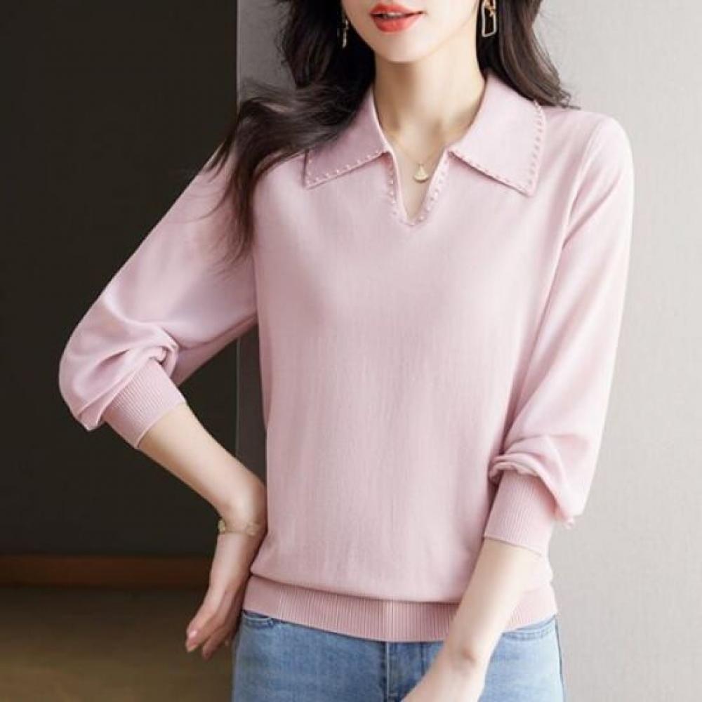 Navava Women Simple Daily Solid Long Sleeve Collared Knit Top Nk2874