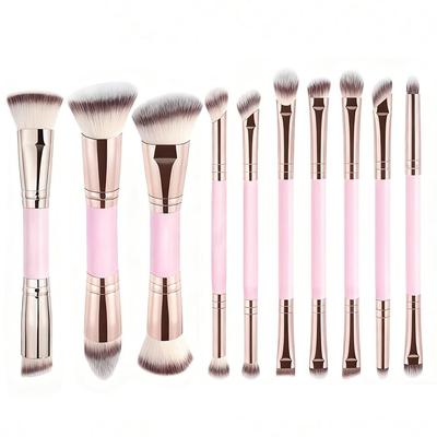 10-teiliges doppelseitiges rosa Make-up-Pinselset: Rouge, Dreifarbiges loses Puder, Lidschatten- & Konturpinsel
