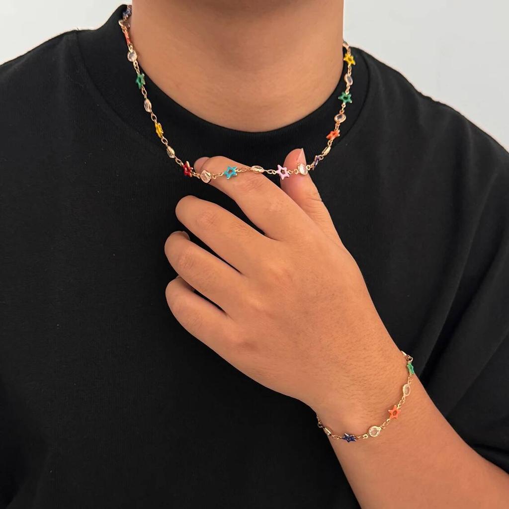 Salircon Elegent Colorful Imitation Crystal Necklace Bracelets Men Trendy Charm Oil Drop Hollow Star Clavicle Choker Y2K Jewelry