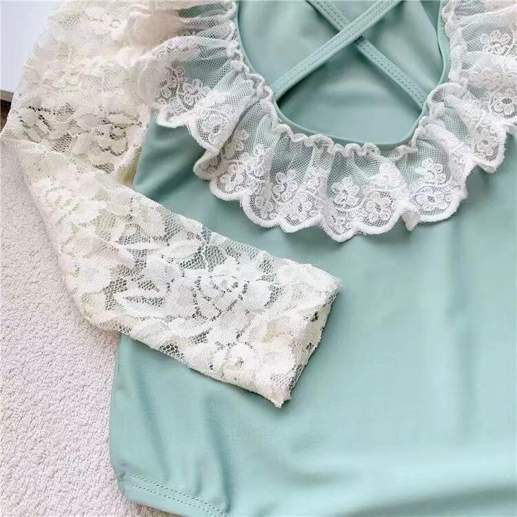 Trendy Girls' Long-Sleeve One-Piece Swimsuit with Korean Style Lace Ruffles