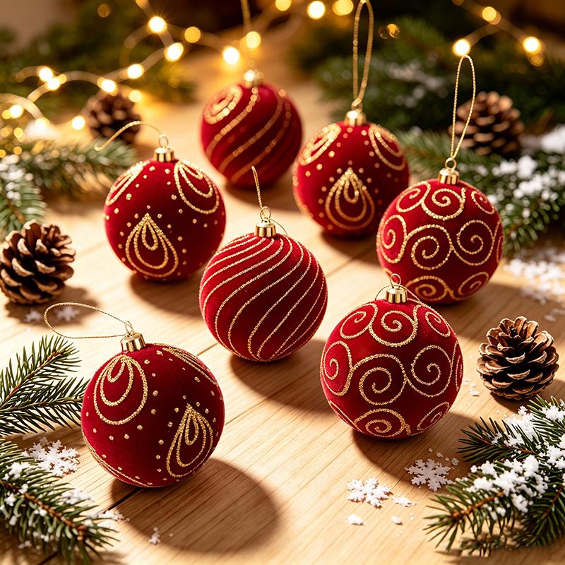 8cm bordeauxrote beflockte Weihnachtskugeln mit goldenem Glitzer-Muster, 24 Stück Geschenkbox-Set, 3 Muster Weihnachtsbaumschmuck