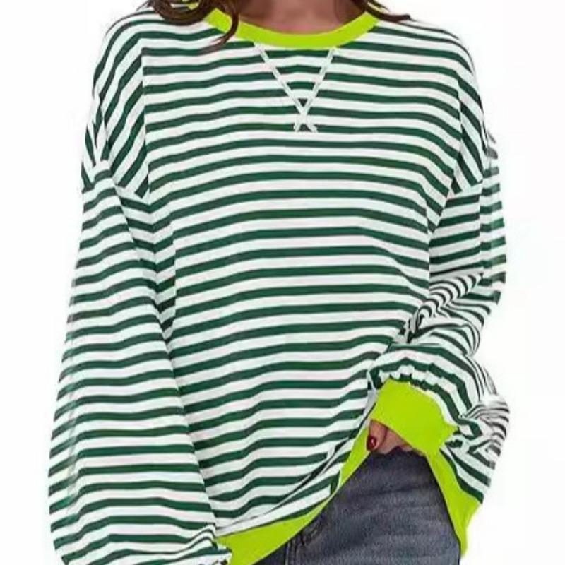 Herbst- und Winter-T-Shirt, minimalistisches Home-Casual-Streifenmuster, weiblicher Rundhalsausschnitt, langärmeliger Pullover, Farbblock-T-Shirt