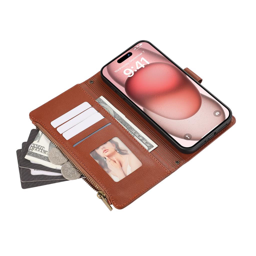For iPhone 15 Pro Case Multi Card Slots Zipper Leather Phone Cover with Wrist Strap