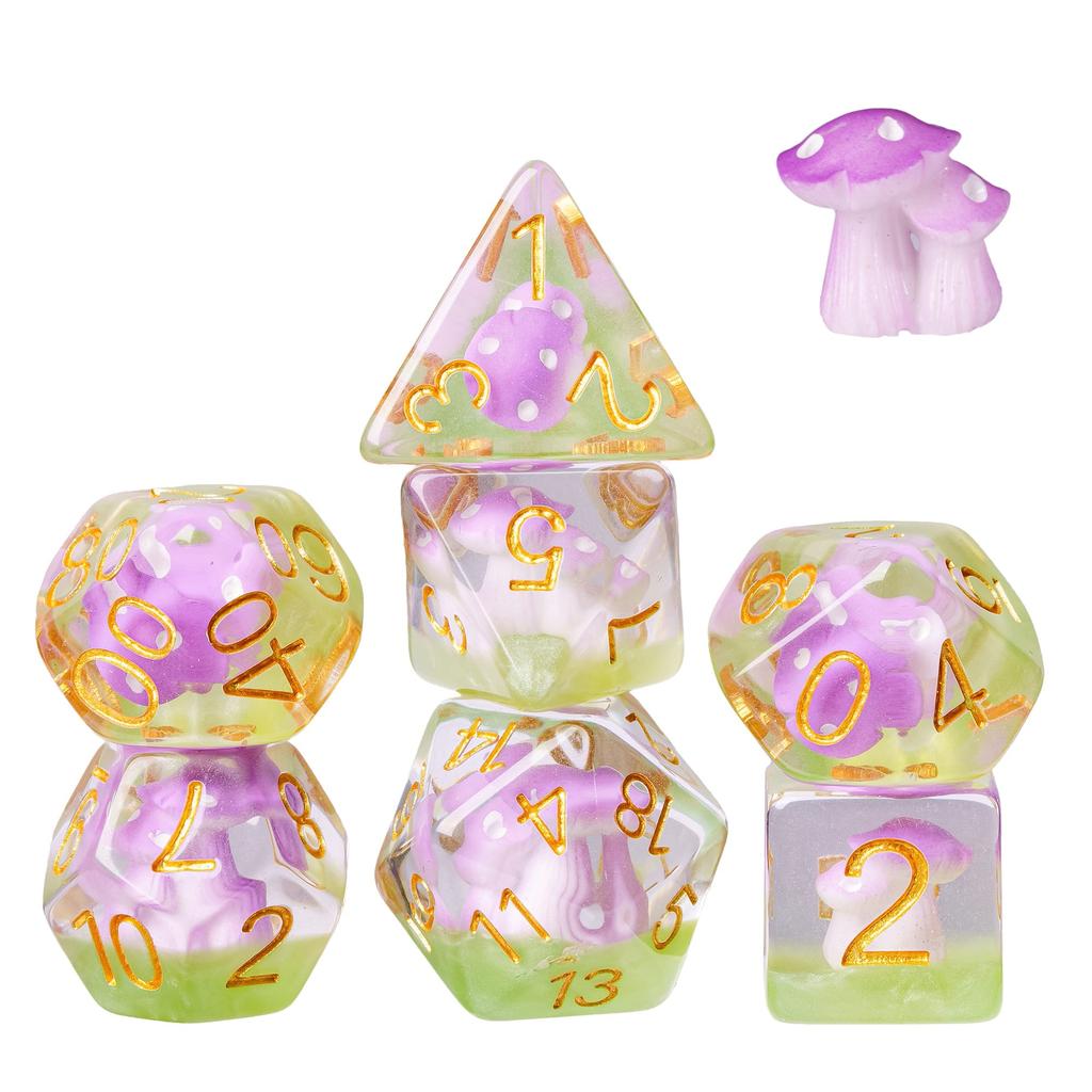 Cusdie Cute Mushroom Dice Set D&D 7Pcs D4 D6 D8 D10 D% D12 D20 DND Polyhedral Dice for Role Playing Game Table Games TRPG