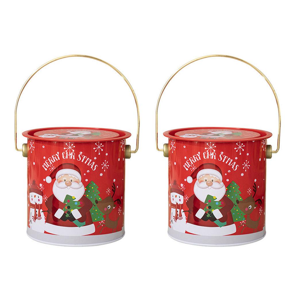 2pcs Christmas Candy Boxes with Handle Handheld Round Bucket Sweets Packaging Tins Portable Tinplate Candies Holders
