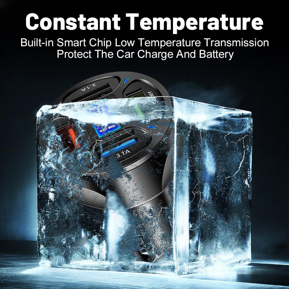 VAORLO 66W Car Charger 4 USB Ports Voltage Display Fast Charging QC3.0 Quickly Charge For Car